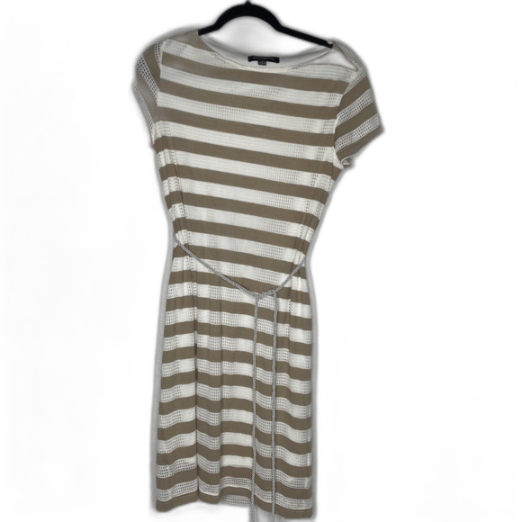 Sharagano Size 8 Dress with Belt White and Brown Striped Lined Rayon Polyester - Picture 2 of 9